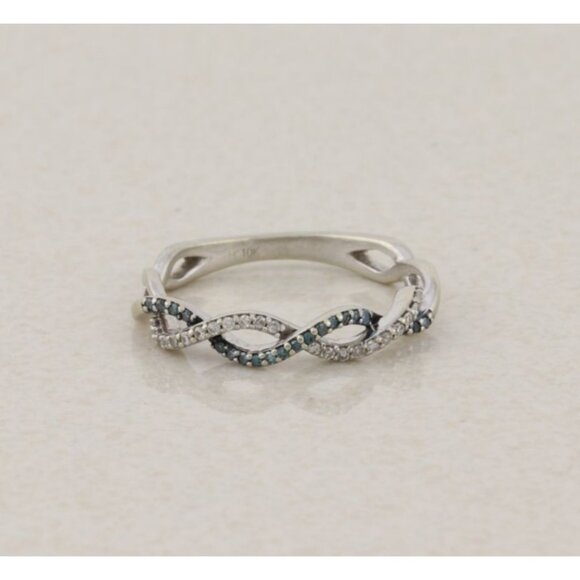 10k White Gold Fancy Blue and White Diamond Ring Twist Crossover Band 5 3/4 - Picture 1 of 6